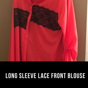 Pink long sleeve button up blouse with lace front